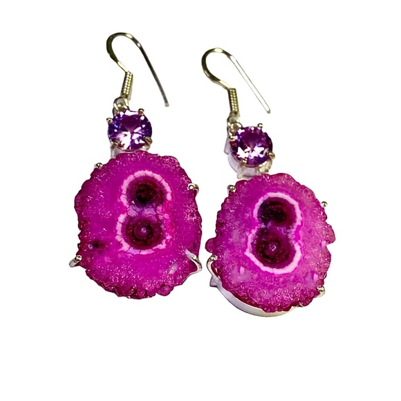 Pink Solar Quartz & Topaz Gemstones in Handmade Silver-Plated Earrings - Picture 1 of 3